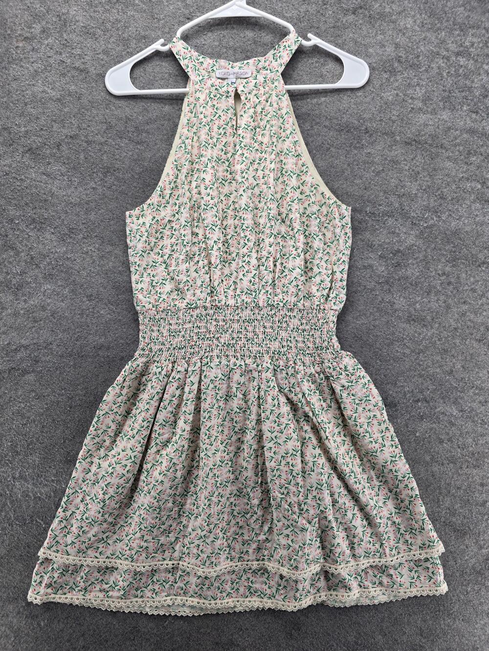 Koko + Mason Dress Womens Small Cream Floral Halter Smocked Waist Lace Trim